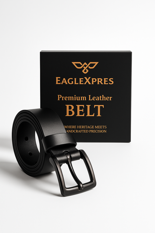 EagleXpres Classic Black Leather Belt – Matte Gunmetal Buckle Edition