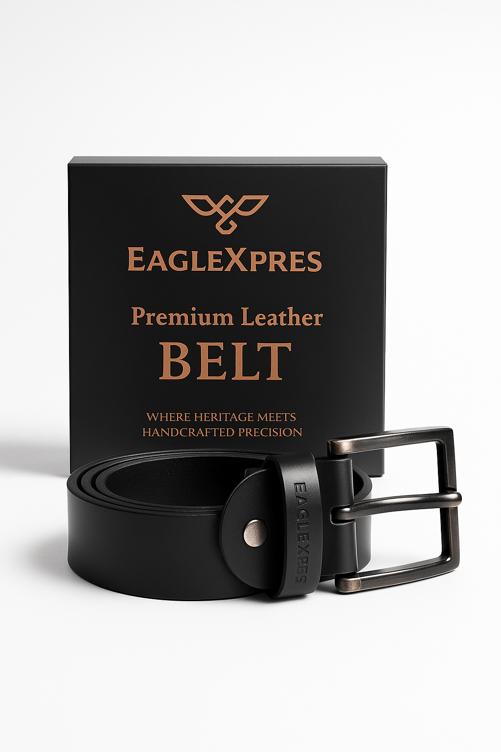 EagleXpres Classic Black Leather Belt โ Matte Gunmetal Buckle Edition