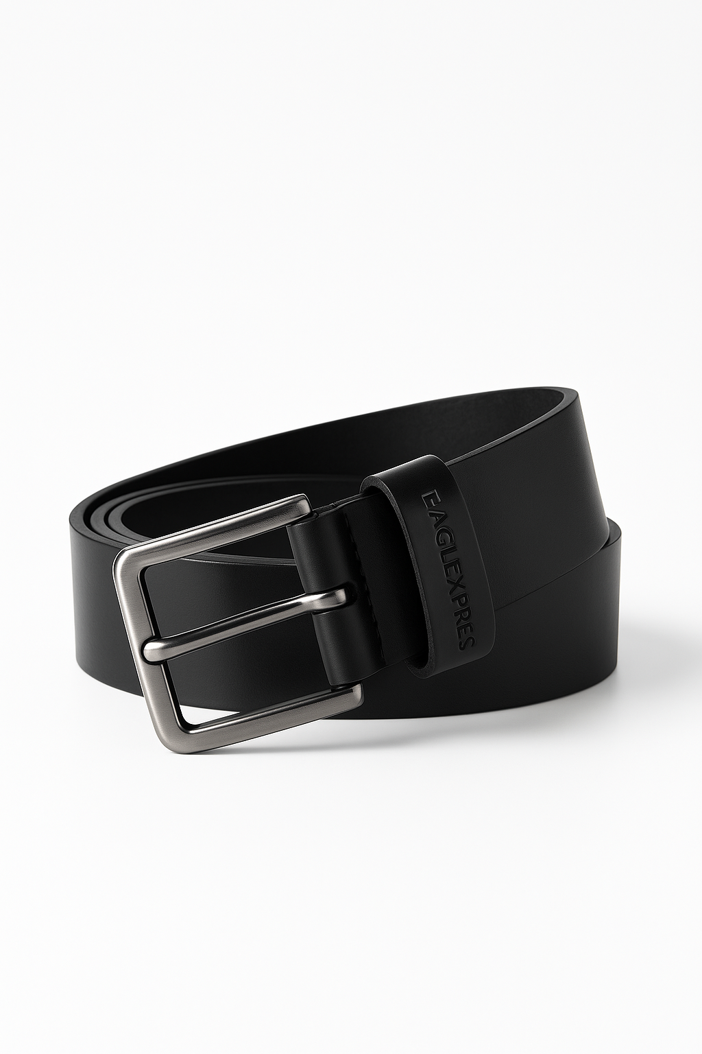 EagleXpres Classic Black Leather Belt โ Matte Gunmetal Buckle Edition