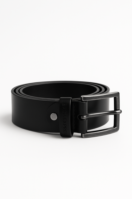 EagleXpres Classic Black Leather Belt – Matte Gunmetal Buckle Edition