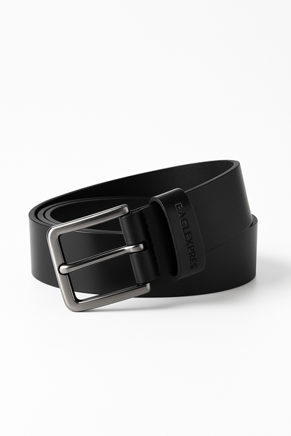 EagleXpres Classic Black Leather Belt – Matte Gunmetal Buckle Edition