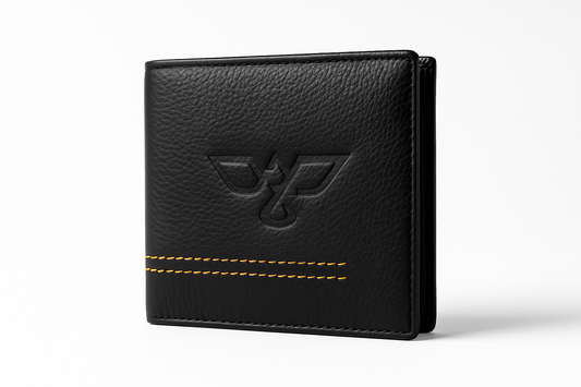 EagleXpres Midnight Black Leather Wallet – Yellow Stitch Signature Edition